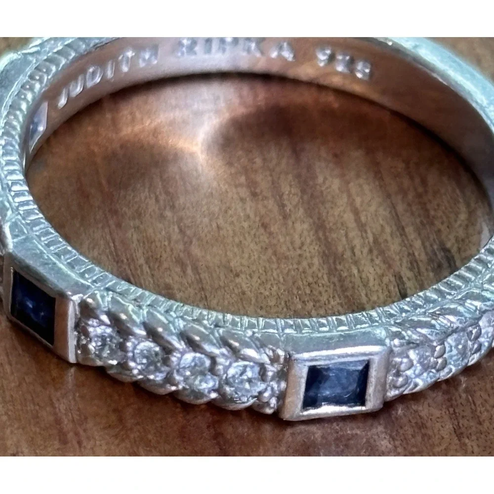 Judith Ripka 925 Sterling Silver Band Ring Cubic Zirconia 3 Sapphire Blue 8 Rare